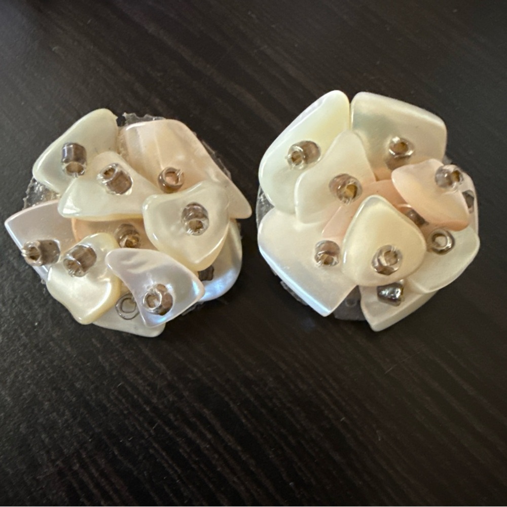 Vintage Japan Clip on Shell Cluster Mother of Pearl Earrings Chunky